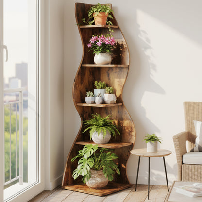 Étagère d'angle, étagère d'angle rustique à 5 niveaux, étagère d'angle élégante, petit meuble à livres, support de rangement pour plantes avec une forme unique pour le salon, le bureau à domicile.