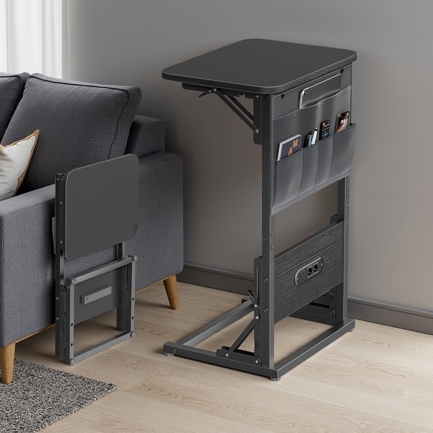 Table d'appoint en forme de C, table à manger pliable et plateau TV avec prises intégrées, table d'appoint pliable peu encombrante pour canapé, fauteuil inclinable, salon et chambre à coucher