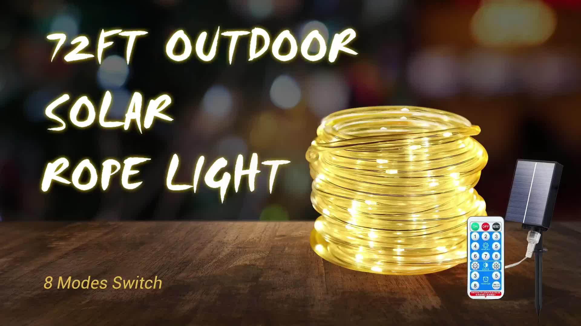 Lumière solaire extérieure blanc chaud avec lumière de jardin 53.34 mètres 620 LED, perles de lampe à haute luminosité 2400 MA, télécommande, 8 modes d'éclairage, rechargeable par USB, convient pour cour, porche, arbres, patio, décoration de vacances