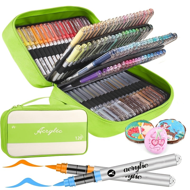 Lot de 120 couleurs, stylo acrylique double pointe avec pinceau et pointe fine pour bois, toile, pierre, verre, céramique, artisanat