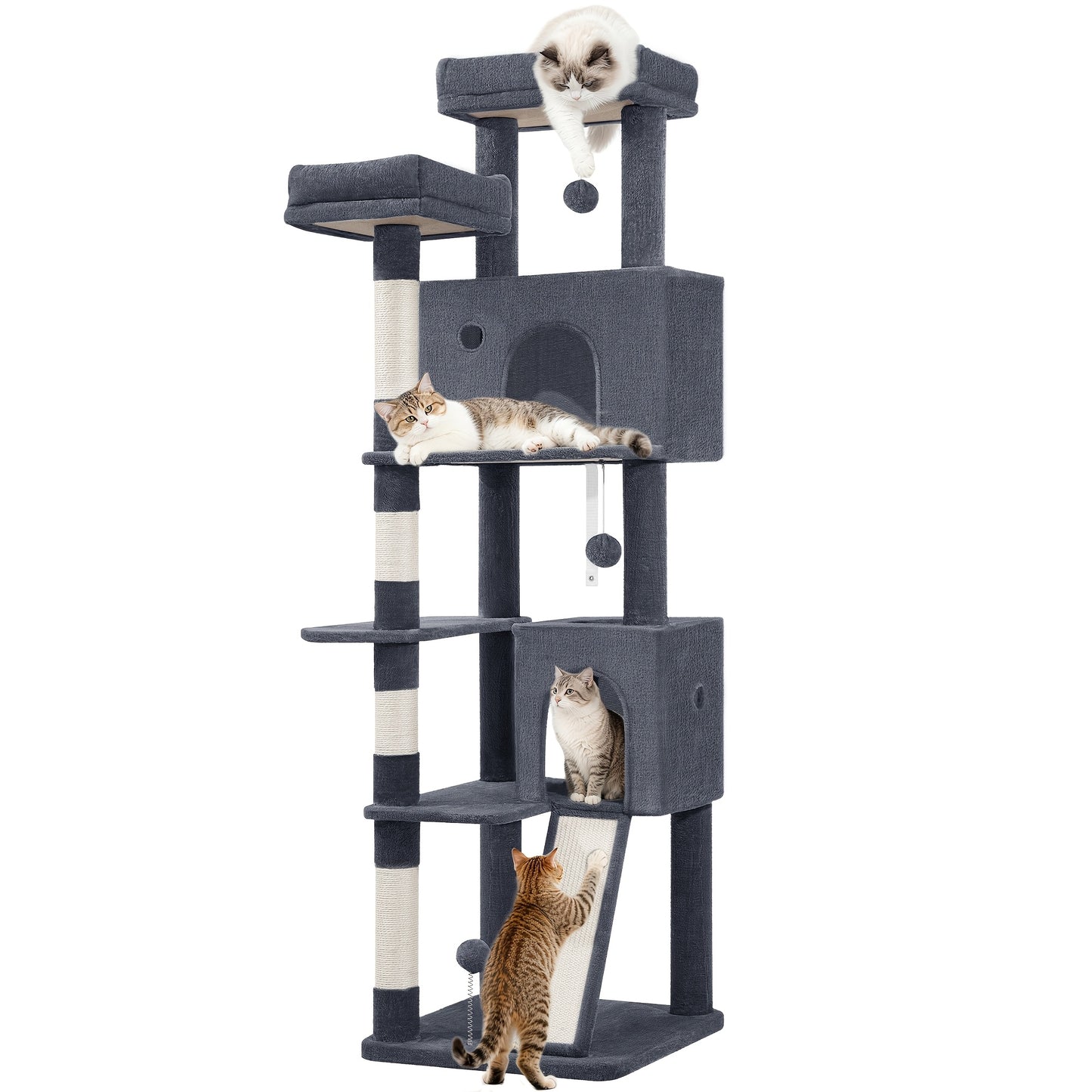 Fobyfurny Arbre à Chat Tour, Arbre à Chat 178cm pour Chats d'Intérieur, Cadre d'Escalade pour Chat Multi-Niveaux avec Griffoirs, Planche à Gratter, 2 Condos Confortables, 2 Perchoirs, Pompons, Place de Repos