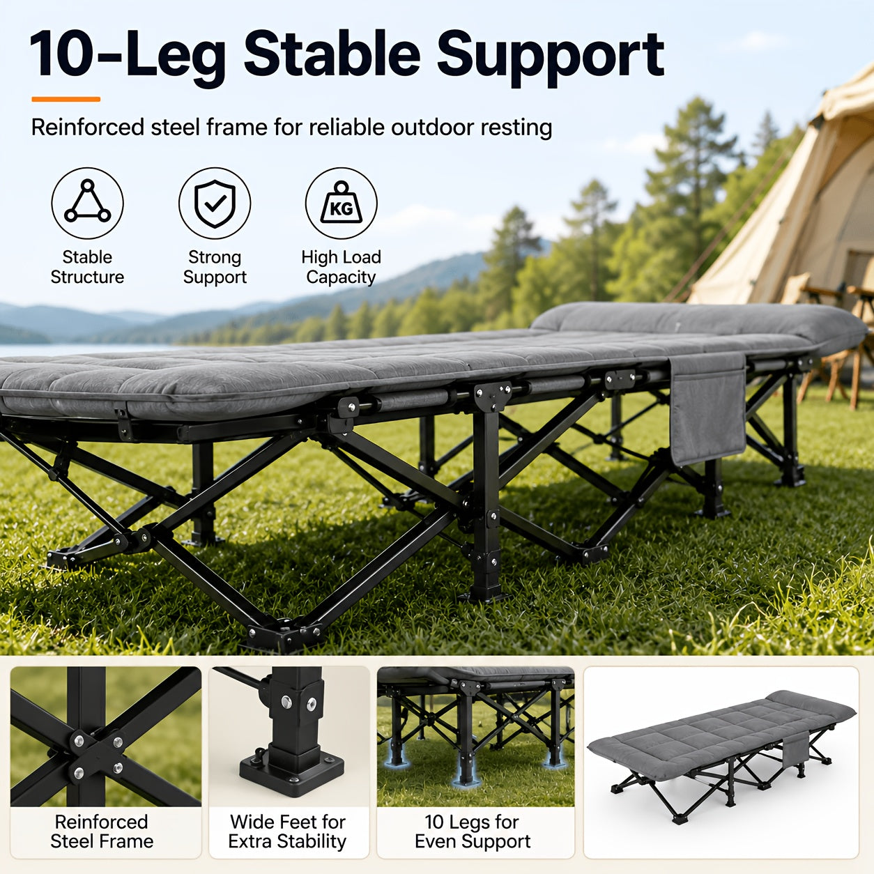 Lit de camping pliant gris, lit de camping rembourré portable, avec sac de rangement latéral, adapté aux jardins, aux cours, à la piscine et au camping, chaise longue d'extérieur inclinable pour le soleil