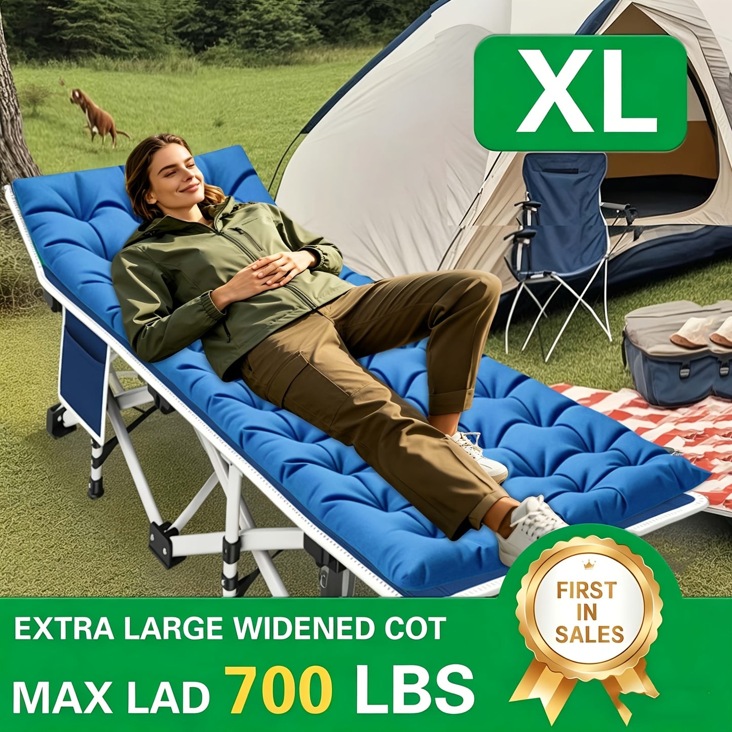 Lit de camping pliable portable XXL mesurant 200 cm par 190 cm, avec un matelas amovible et capable de supporter des poids de 300 kg à 400 kg. Il n'a pas besoin d'installation et est idéal pour une utilisation en extérieur, le camping, les tentes, les bur
