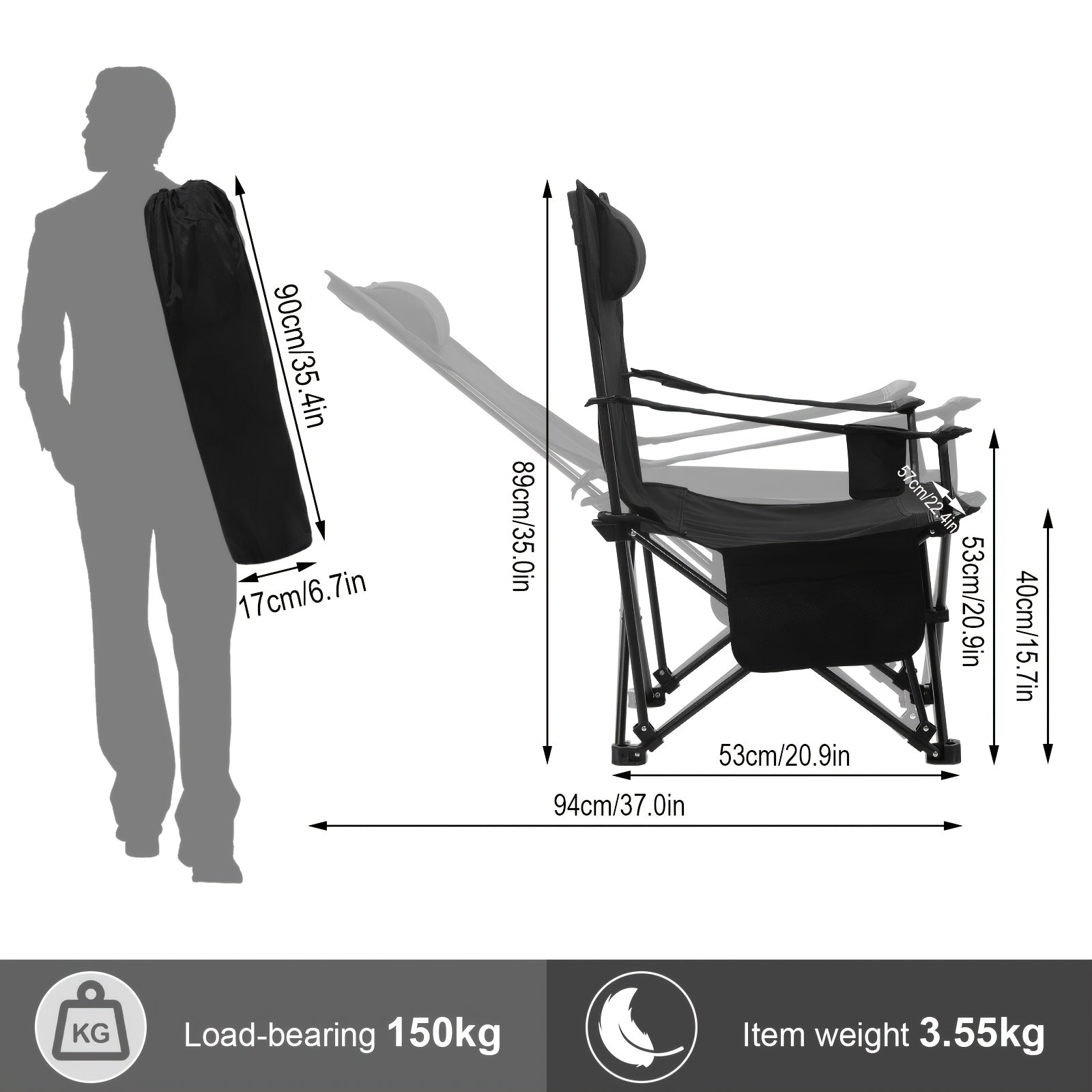 Chaise de pêche et de camping pliante multifonctionnelle 3-en-1 pour extérieur, portable, avec dossier, porte-gobelet, deux sacs de rangement, capacité de charge élevée 150 kg pour la pêche en eau vive, la randonnée, le camping, gris, noir, beige