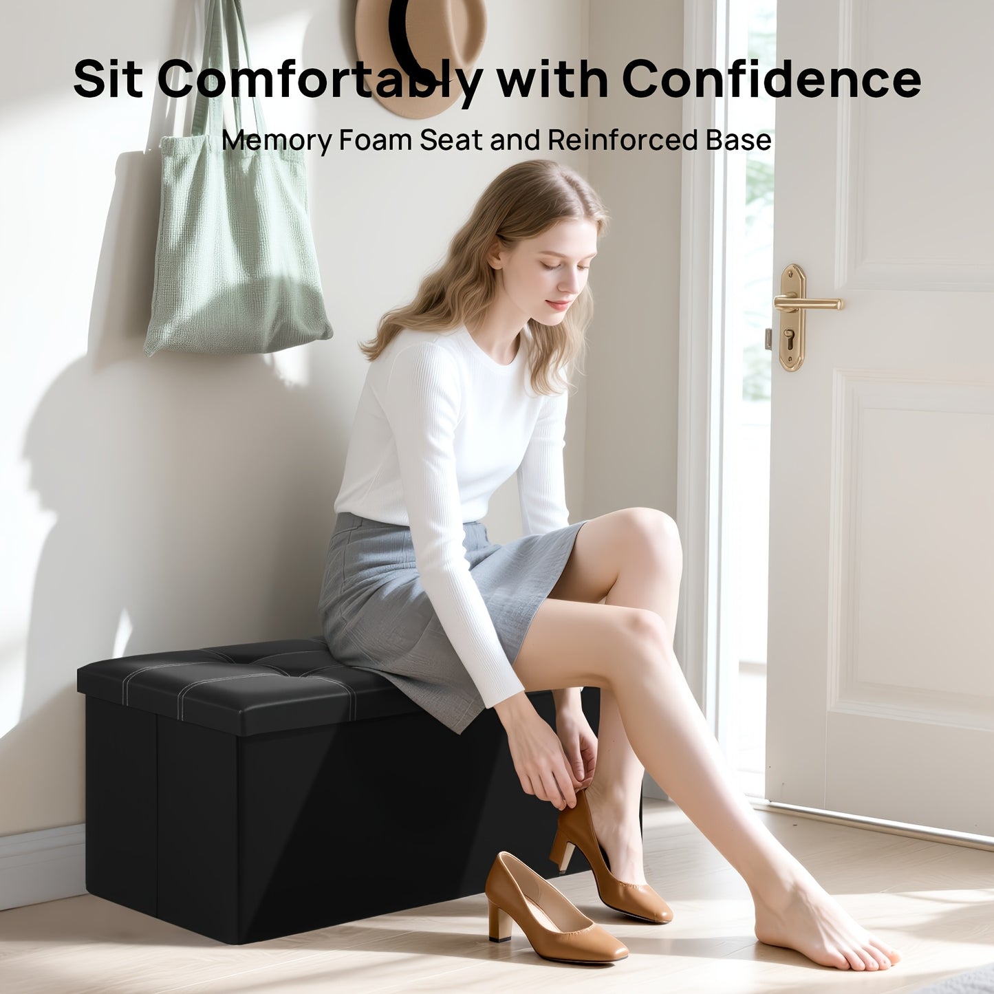 Tabouret de Rangement Pliable en Cuir à Double Couture, Matériau en Cuir Facile à Ranger, Grande Capacité de Charge Idéale pour S'asseoir, Tabouret de Changement de Chaussures pour Canapé, Banc de Rangement, Banc Long, Boîte Tabouret