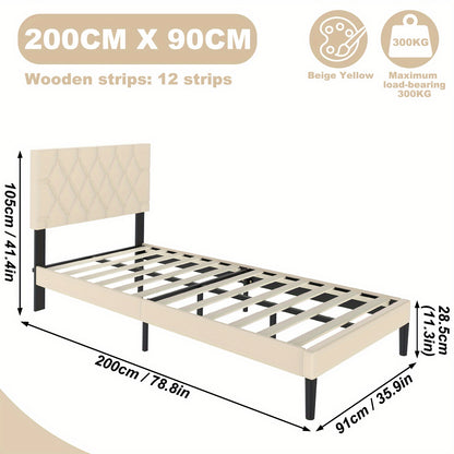 Lit de 90/140/160 x 200 cm en Similicuir avec Tête de Lit et Plateforme, Cadre de Lit Matelassé Beige pour Chambre à Coucher