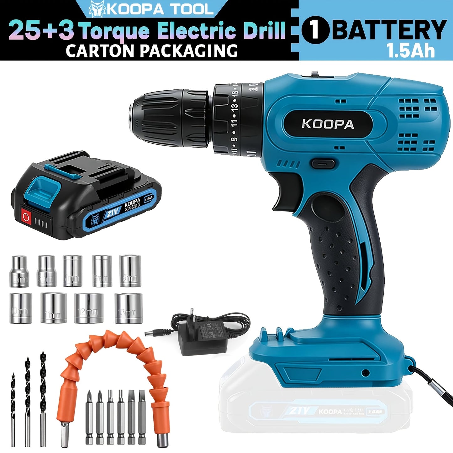 KOOPA TOOL Tournevis Électrique, Kit de Perceuse 21V, Tournevis de Perçage à 3 Niveaux de Couple 25, Équipé d'une Fonction de Perceuse à Impact et de Batterie Rechargeable, Adapté à une Boîte à Outils pour Toutes les Décorations Ménagères Quotidiennes