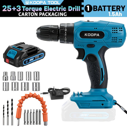 KOOPA TOOL Tournevis Électrique, Kit de Perceuse 21V, Tournevis de Perçage à 3 Niveaux de Couple 25, Équipé d'une Fonction de Perceuse à Impact et de Batterie Rechargeable, Adapté à une Boîte à Outils pour Toutes les Décorations Ménagères Quotidiennes