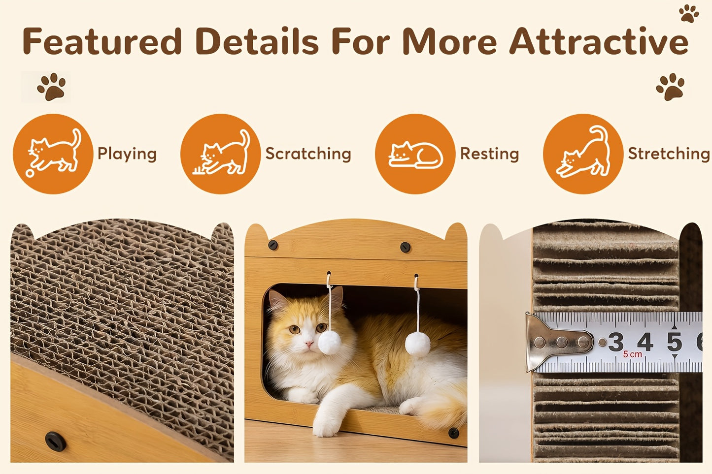 Grande maison pour chat avec poteaux à griffer, panier de transport et griffoir 3-en-1 en carton pour aiguiser les griffes, se cacher et se reposer, pompon intégré pour jouer, construction durable et robuste & facile à assembler, supporte jusqu'à 11 kg, c
