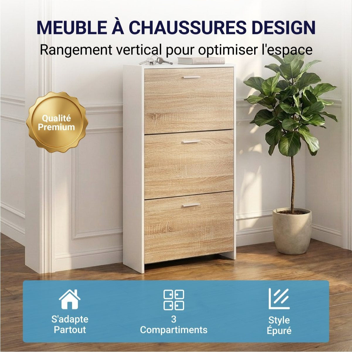 Meuble à chaussures avec 3 compartiments à abattant, armoire de rangement en bois pour jusqu'à 18 paires, organisateur d'entrée peu encombrant