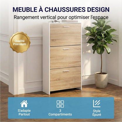 Meuble à chaussures avec 3 compartiments à abattant, armoire de rangement en bois pour jusqu'à 18 paires, organisateur d'entrée peu encombrant