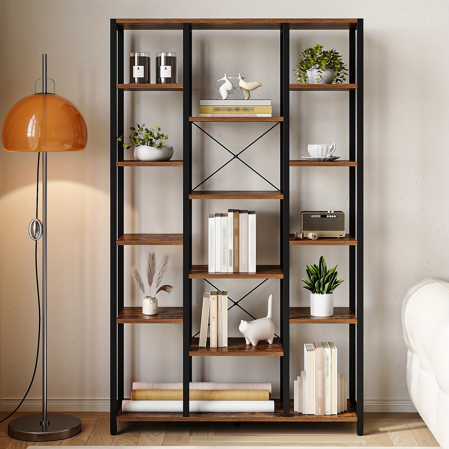 Étagère, étagère debout avec 6 niveaux 15 étagères, étagères ouvertes réglables, pour salon, bureau, chambre, 30 X 100 X 170cm, brun-vin noir