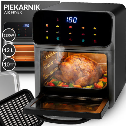 Friteuse à air sans graisse 12L, four multifonctionnel 1350W, 10 modes de cuisson, écran LED tactile, contrôle du temps et de la température 80-200°C, circulation d'air chaud, fenêtre de visualisation avec éclairage, nettoyage facile, ensemble avec gant e
