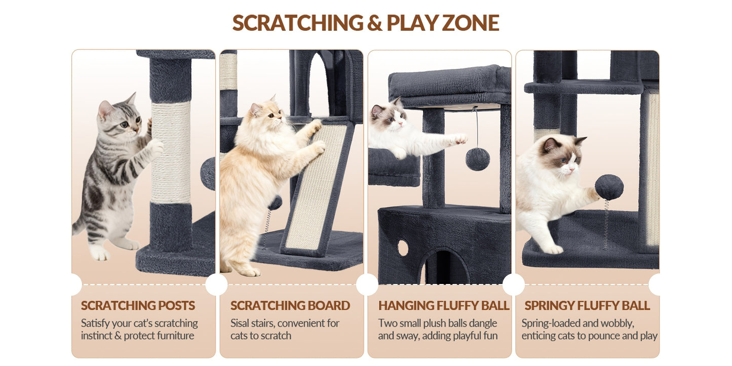Fobyfurny Arbre à Chat Tour, Arbre à Chat 178cm pour Chats d'Intérieur, Cadre d'Escalade pour Chat Multi-Niveaux avec Griffoirs, Planche à Gratter, 2 Condos Confortables, 2 Perchoirs, Pompons, Place de Repos