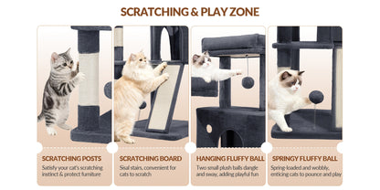 Fobyfurny Arbre à Chat Tour, Arbre à Chat 178cm pour Chats d'Intérieur, Cadre d'Escalade pour Chat Multi-Niveaux avec Griffoirs, Planche à Gratter, 2 Condos Confortables, 2 Perchoirs, Pompons, Place de Repos