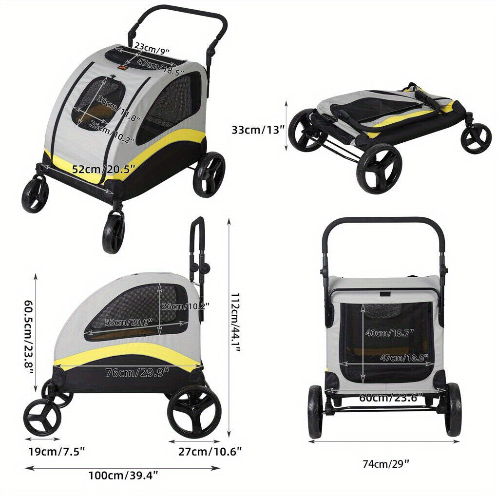 Poussette pour chien pliante XXL à 4 roues, très grande poussette avec séparateur amovible uniquement adaptée pour un grand chien, poussette de voyage pour animal de compagnie, jogging pour chien, poussette de voyage pliable en un clic, poignée réglable,