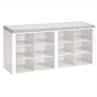 Banc de Rangement pour Chaussures, Siège avec Étagère, Incluant un Meuble, Coussins Rembourrés, Doté de 12 Compartiments, Convient aux Salons, Couloirs et Chambres, dans une Couleur Blanc-Gris