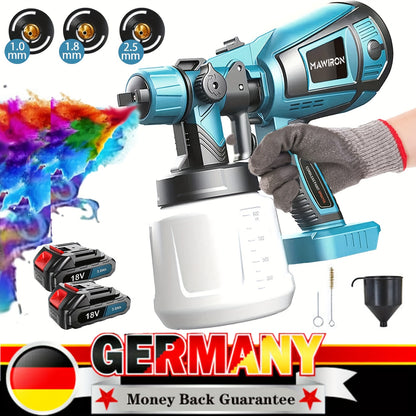 Pistolet à peinture sans fil HVLP pour clôture avec 2 batteries lithium-ion 3000mAh, compatible avec batterie Makita 18V, réservoir de 1000ml, 4 buses et 2 outils de nettoyage, 3 motifs, pour murs, plafonds, clôtures et bois