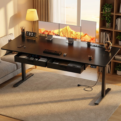 Furnishia Bureau Vertical Électrique avec Panneau Intelligent à Mémoire et 2 Tiroirs, Bureau à Hauteur Réglable avec Prises de Courant, pour Bureau d'Ordinateur à Domicile, Poste de Travail d'Écriture et Chambre à Coucher