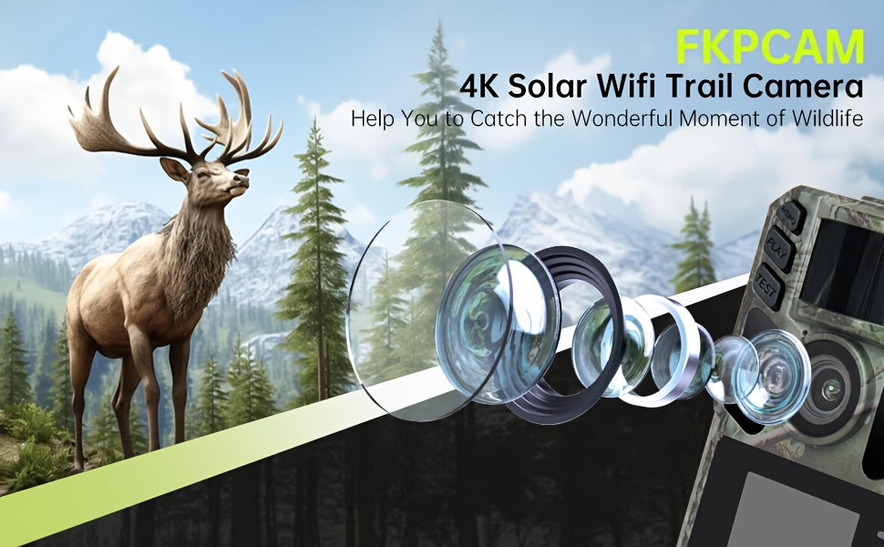 Caméra de Trail WiFi Solaire - Caméra de Chasse Rechargeable avec Batterie Intégrée 5000mAh - Vision Nocturne 4K 64MP pour Surveillance Faune, Inclut Carte Mémoire 64GB