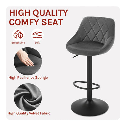 Lot de 2 tabourets de bar, tabourets de comptoir - Pivotants à 360°, hauteur réglable, capacité de poids 150 kg, velours confortable, convient pour chaises de bar de restaurant, chaises de comptoir de cuisine, chaises de bureau à domicile