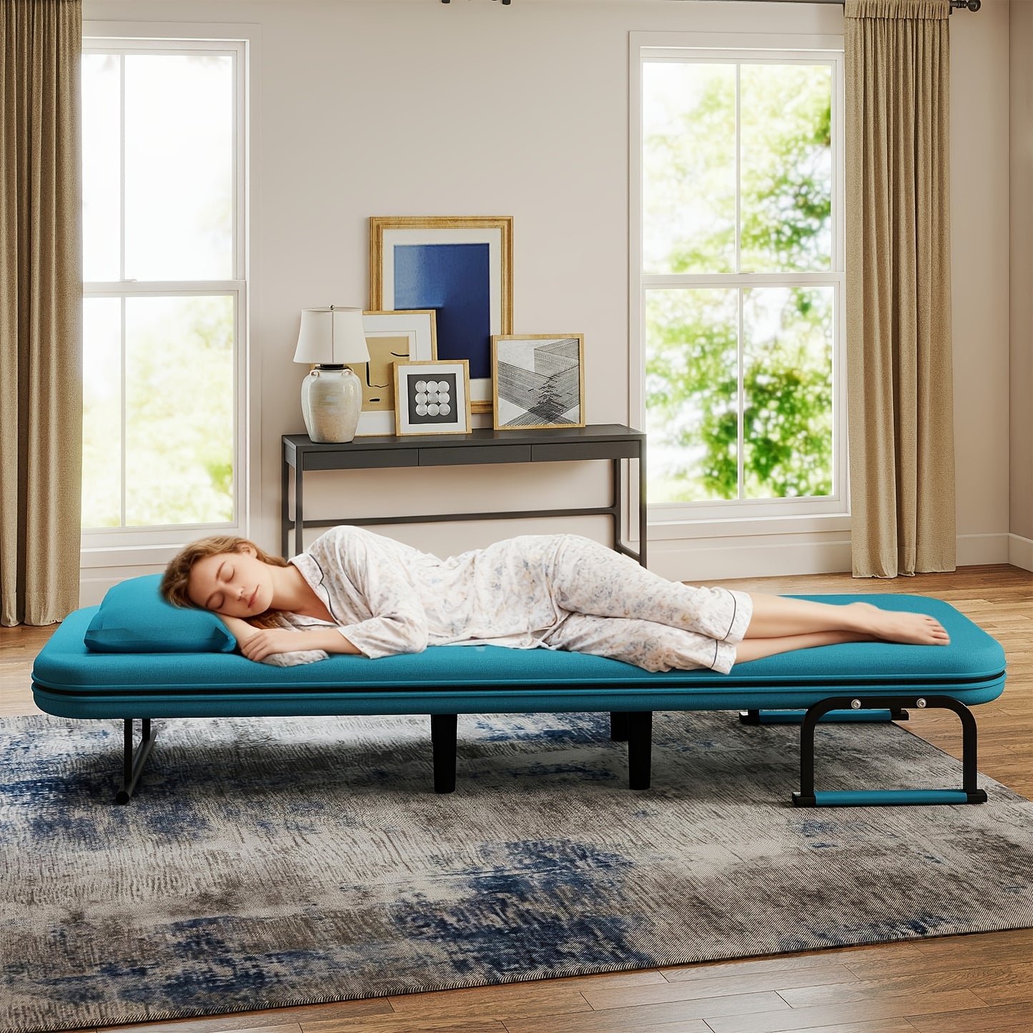 Canapé-lit convertible pliant 5-en-1, fauteuil de détente gigogne réglable peu encombrant avec tissu en lin, fauteuil moderne pour dortoir, studio et coin douillet, noir/fauve/vert olive/jaune citron