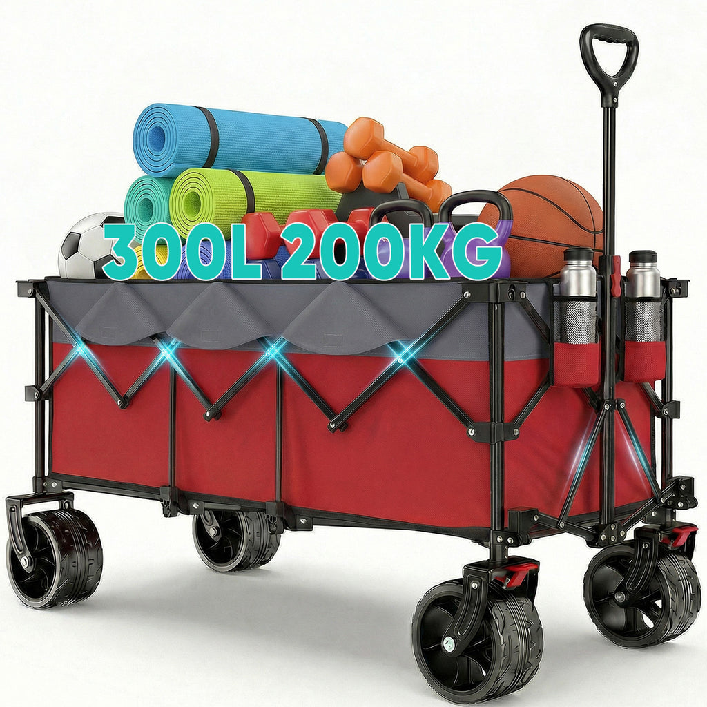Chariot utilitaire pliant XXXL, capacité de 300L, capacité de charge de 200KG, chariot à main pliable étendu avec roues tout-terrain extra-large de 15X8 cm, chariot de transport à installation instantanée 4 voies breveté Ca15