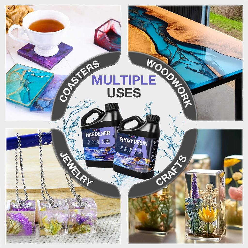 Kit de résine époxy claire FUNEPOXY 8L/4L/2L/1L/500ml, auto-nivelante sans résine avec mélangeur, pour bricolage, revêtement bois, bijouterie, tumblers, bars et revêtement de surface