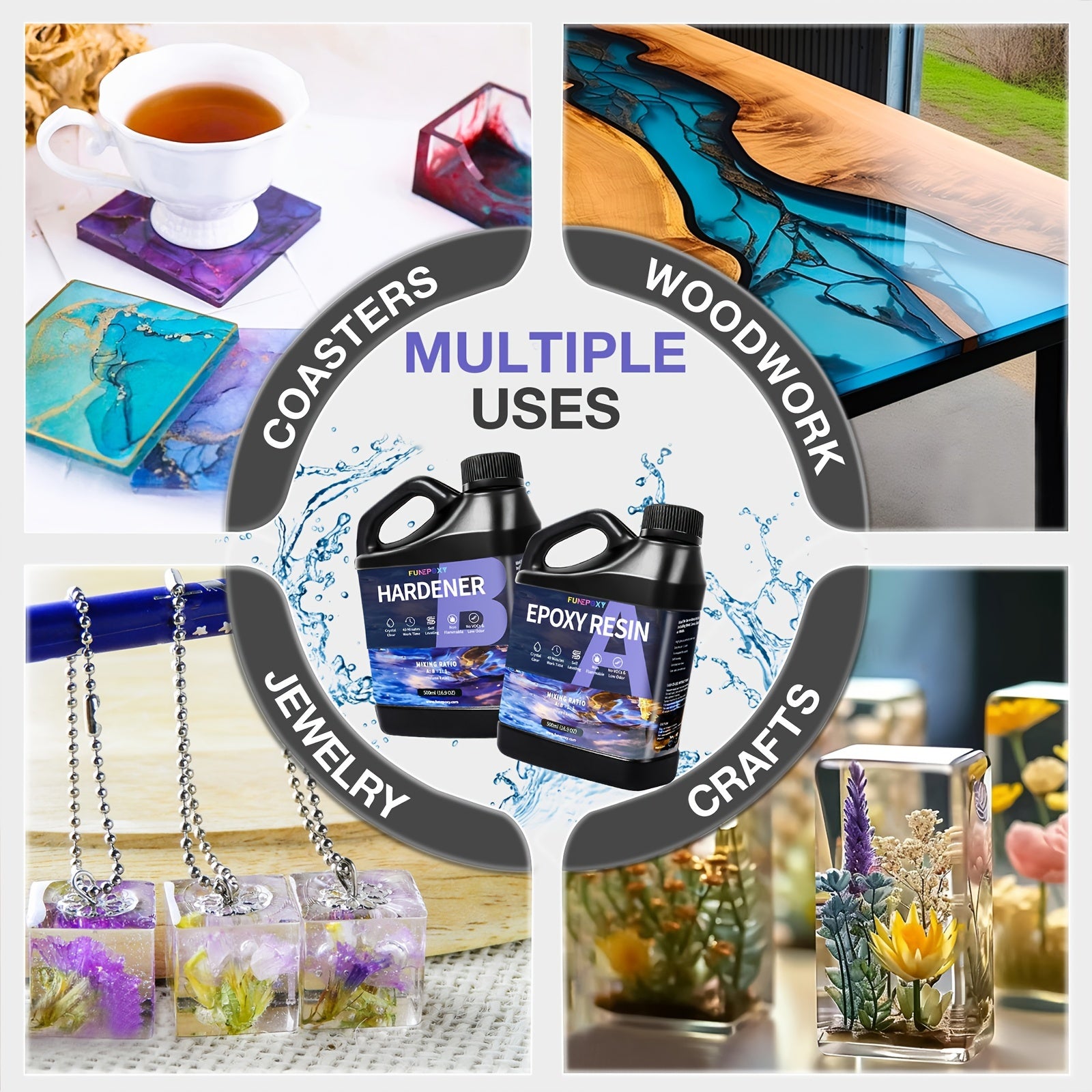 Kit de résine époxy claire FUNEPOXY 8L/4L/2L/1L/500ml, auto-nivelante sans résine avec mélangeur, pour bricolage, revêtement bois, bijouterie, tumblers, bars et revêtement de surface