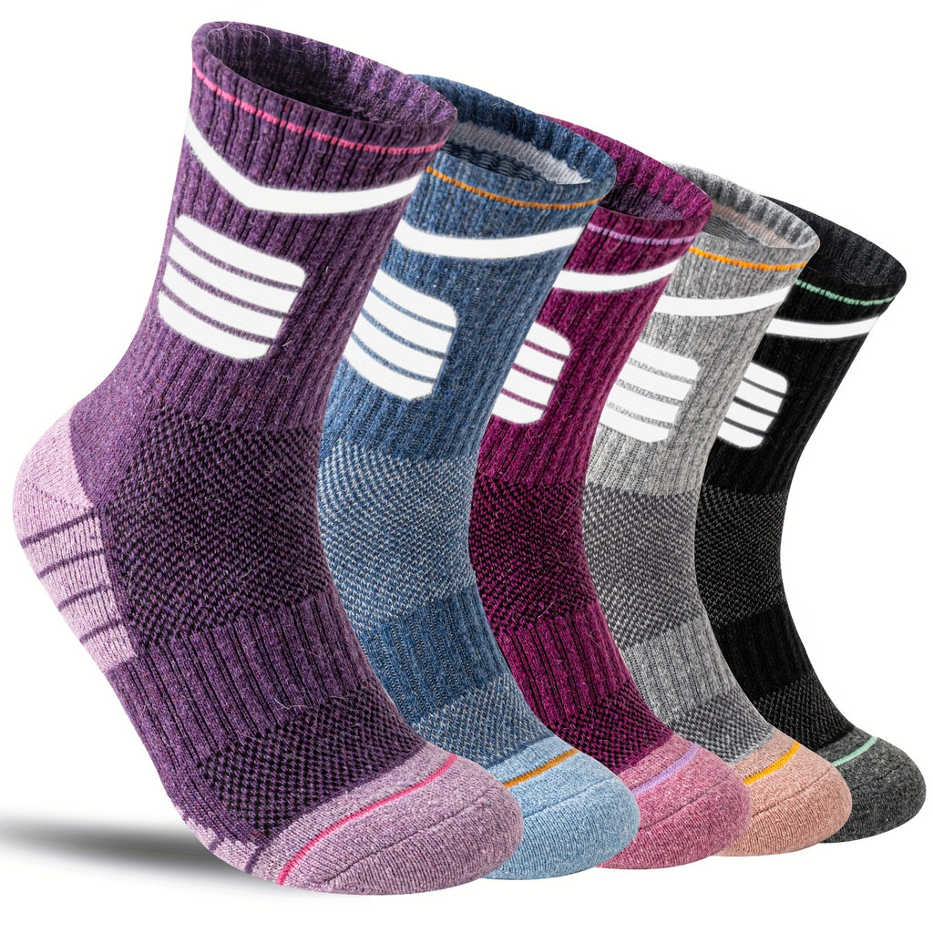 [Chaussettes techniques outdoor] 5 Paires de Chaussettes Randonnée en Laine Mérinos Rayées Lumineuses pour Hommes et Femmes - Course Sentier, Cyclisme, Trekking - Évacuation de l'Humidité - Semelle Cushion - Taille Haute