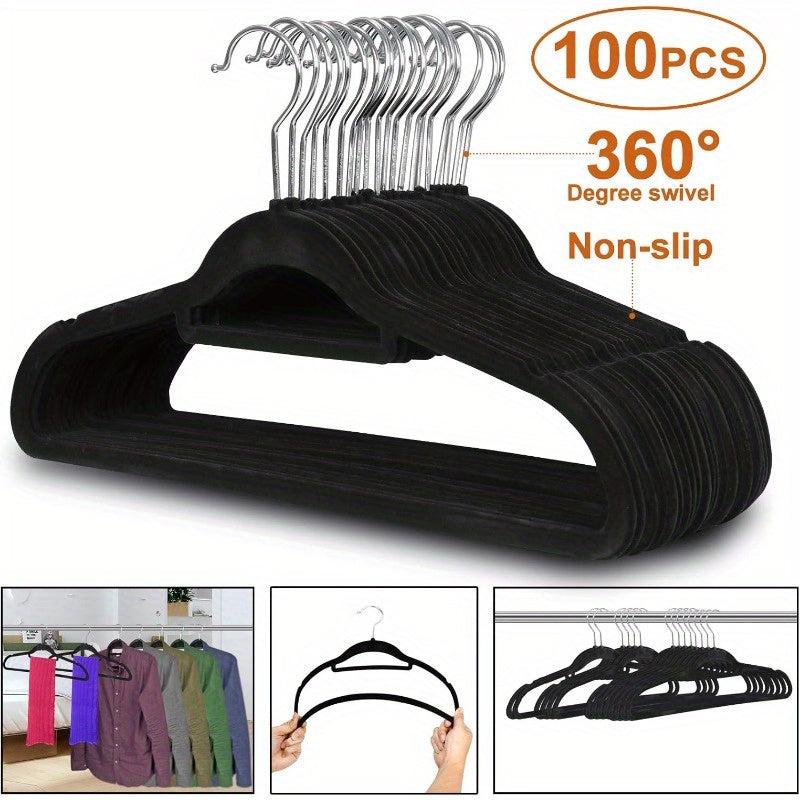 Lot de 100 cintres en velours ultra-fin - Crochet pivotant à 360 degrés, cintres noirs floqués pour vêtements délicats, présentoir élégant et polyvalent, cintres