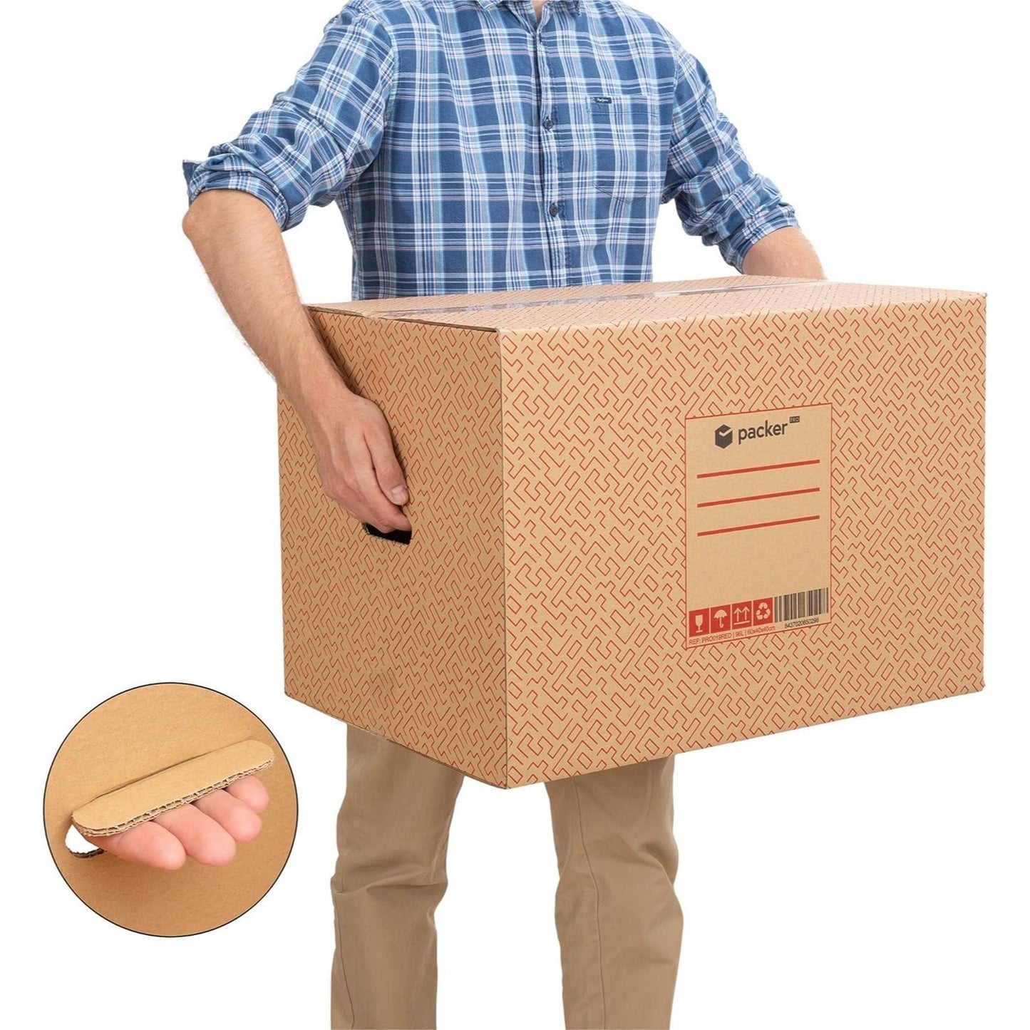 Boîte en carton ultra-résistante pour déménagement et stockage avec poignées, fabriquée en carton rigide, idéale pour le déménagement ou le stockage de livres et de vêtements, transport confortable et sûr grâce aux poignées latérales - Packer PRO