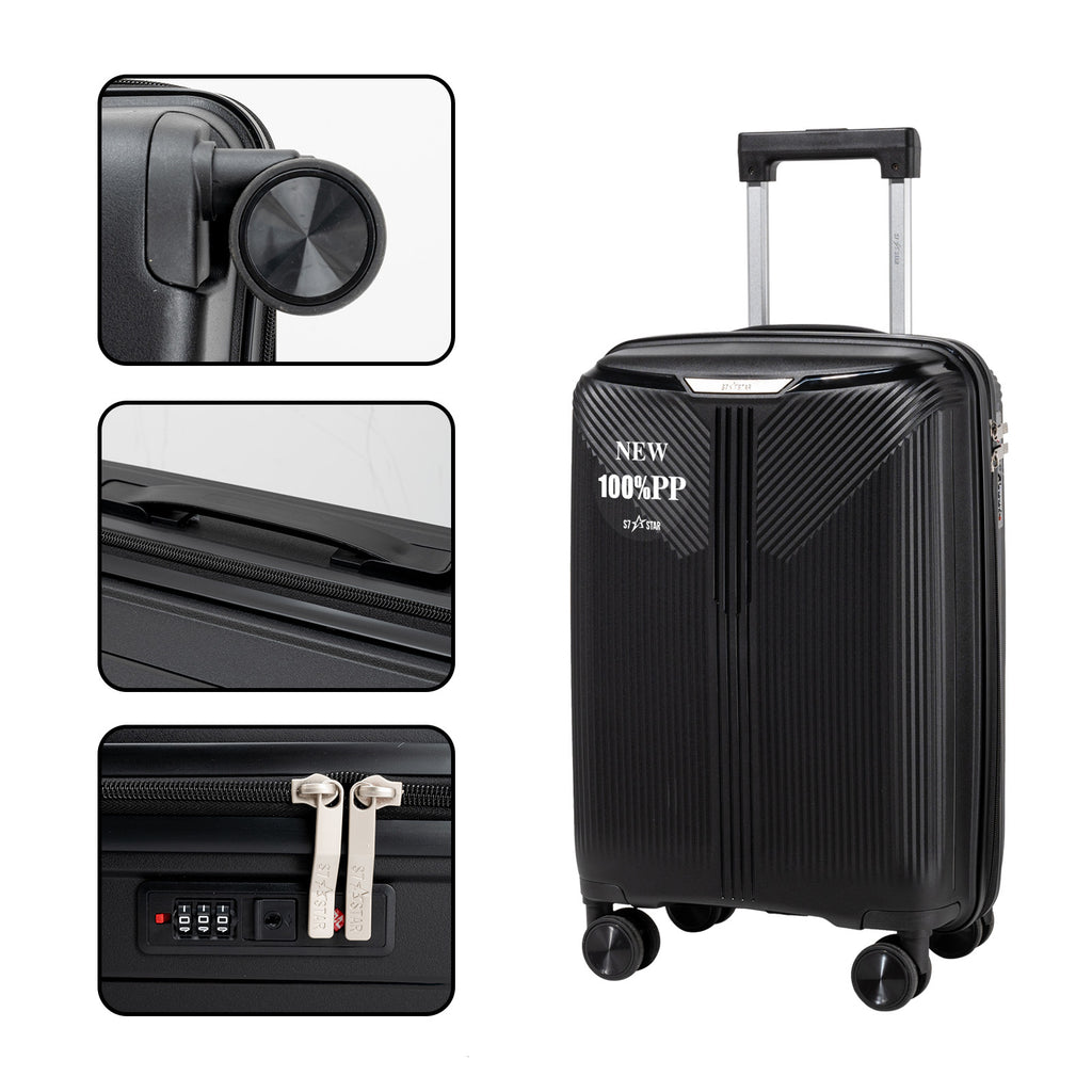 Disponible en 20, 24 et 28 pouces, ce bagage en PP offre une grande flexibilité. 20 pouces pour le passage à la poche, 24/28 pouces pour le bagage enregistré. Roues silencieuses, serrure sécurisée et design lisse le rendent parfait pour tout voyage.