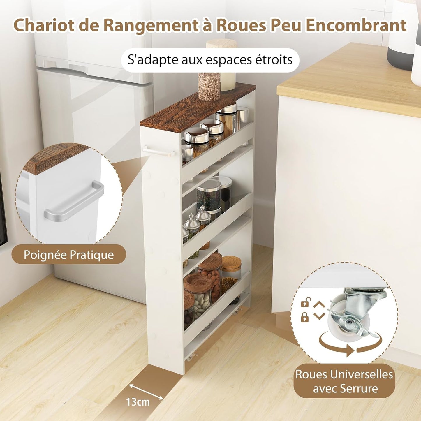 Chariot de rangement mince avec roues, chariot de cuisine étroit à quatre niveaux avec étagères et poignée