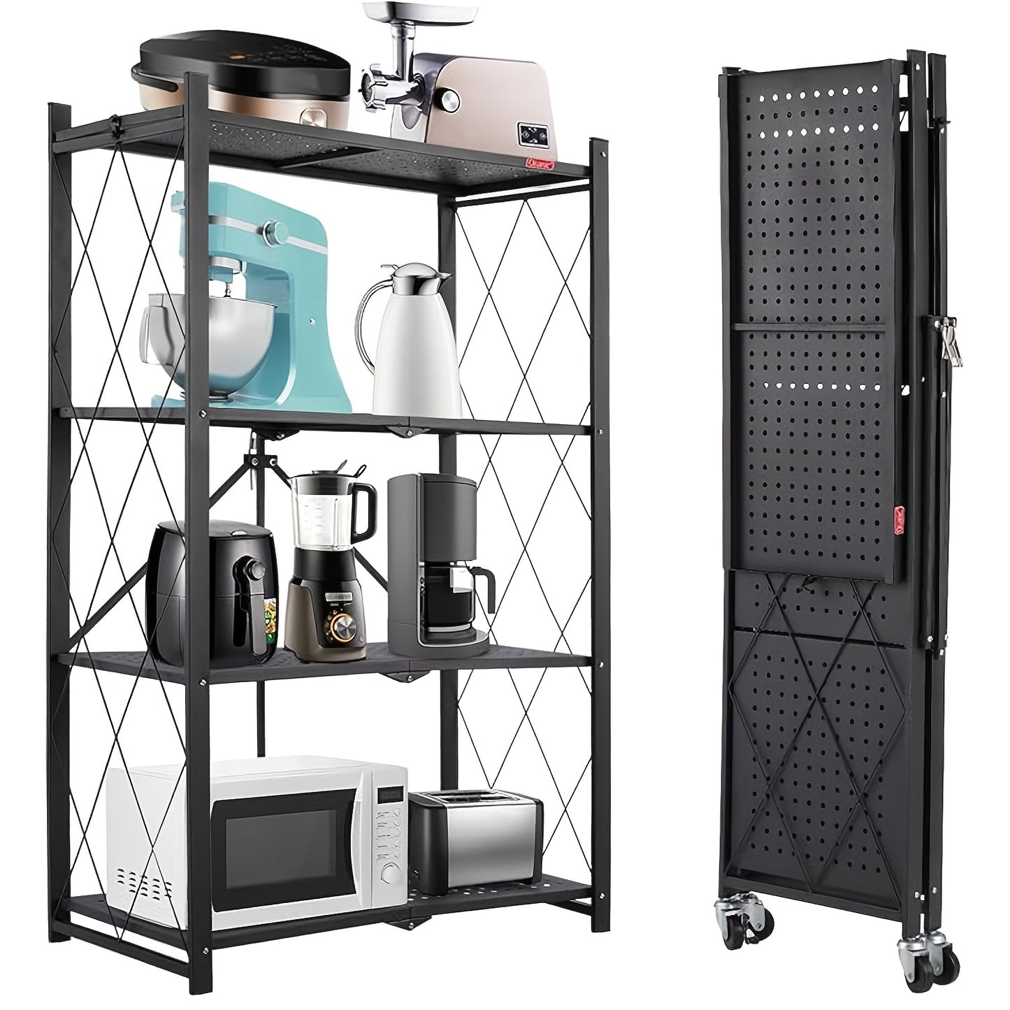 Étagère pliante à roulettes 4 niveaux avec cloisons en fer repliables, pour cuisine, rangement alimentaire, restaurant, bureau, noir, blanc