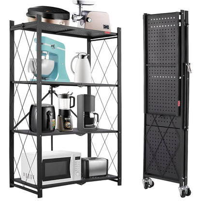 Étagère pliante à roulettes 4 niveaux avec cloisons en fer repliables, pour cuisine, rangement alimentaire, restaurant, bureau, noir, blanc