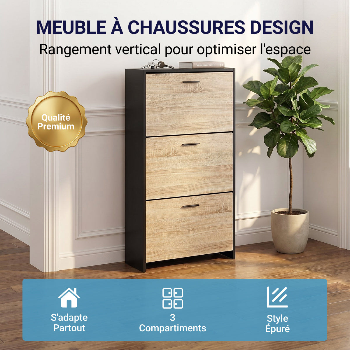 Meuble à chaussures avec 3 compartiments à abattant, armoire de rangement en bois pour jusqu'à 18 paires, organisateur d'entrée peu encombrant