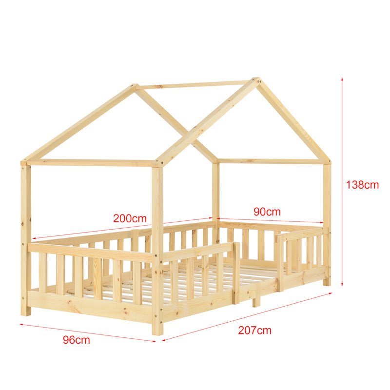 Lit pour enfants Treviolo de style maison avec protection contre les chutes en bois de pin