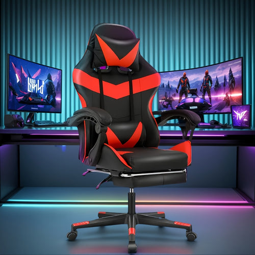 Fauteuil de gaming ergonomique avec repose-pieds - Fauteuil inclinable robuste à hauteur réglable, pivotant à 360° et avec support lombaire, mécanisme d'inclinaison manuel, options de couleur noir/rouge/blanc, texture imitation, rembourrage en mousse et c