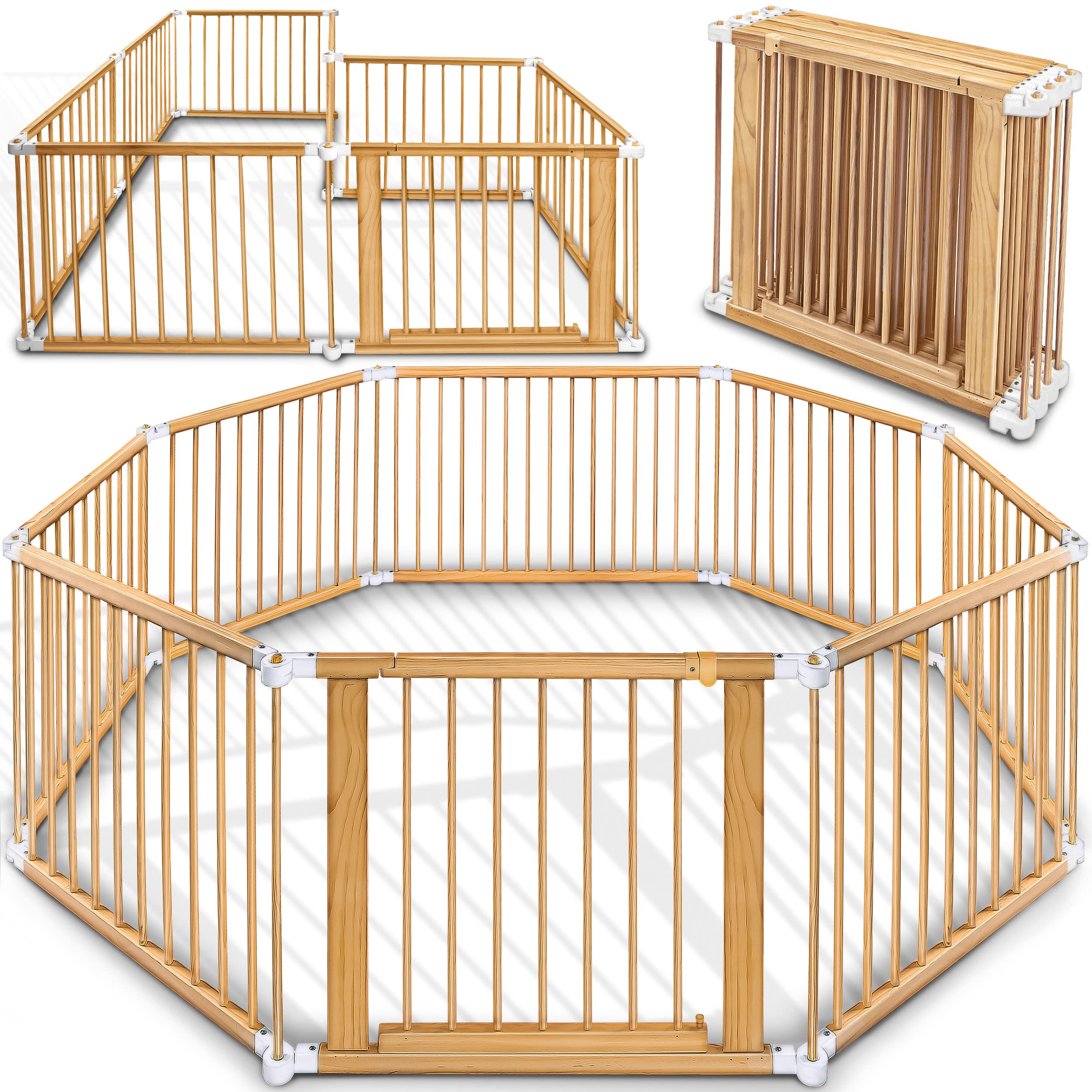 KIDUKU® Parc bébé pliable XXL de 7,2 mètres avec porte | Parc en bois avec double sécurité | Parc pliable pour enfants avec 8 éléments