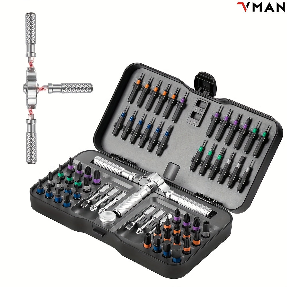Un kit de tournevis à cliquet 66-en-1 avec 62 embouts magnétiques. Ce ensemble portable comprend une poignée multifonctionnelle avec un aimantateur et un capuchon rotatif, ce qui le rend idéal pour les appareils de précision comme les montres, les lunette