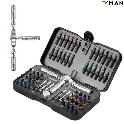 Un kit de tournevis à cliquet 66-en-1 avec 62 embouts magnétiques. Ce ensemble portable comprend une poignée multifonctionnelle avec un aimantateur et un capuchon rotatif, ce qui le rend idéal pour les appareils de précision comme les montres, les lunette