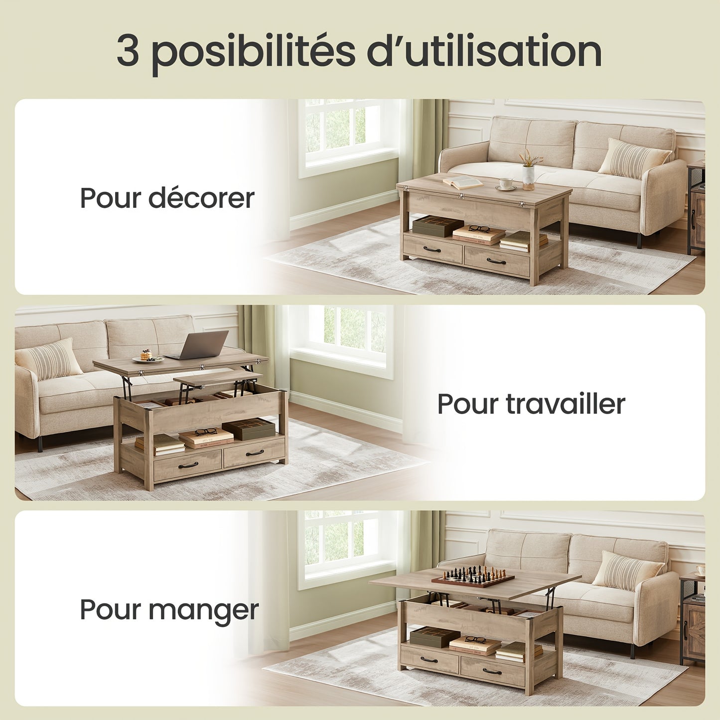 Cette table basse et table d'appoint offrent une hauteur réglable et de nombreuses options de rangement, notamment des tiroirs et des compartiments sous le plateau. Idéales pour les salons et les bureaux, mesurant 50 X 100 X 49.1/X64.1 cm, dans une couleu