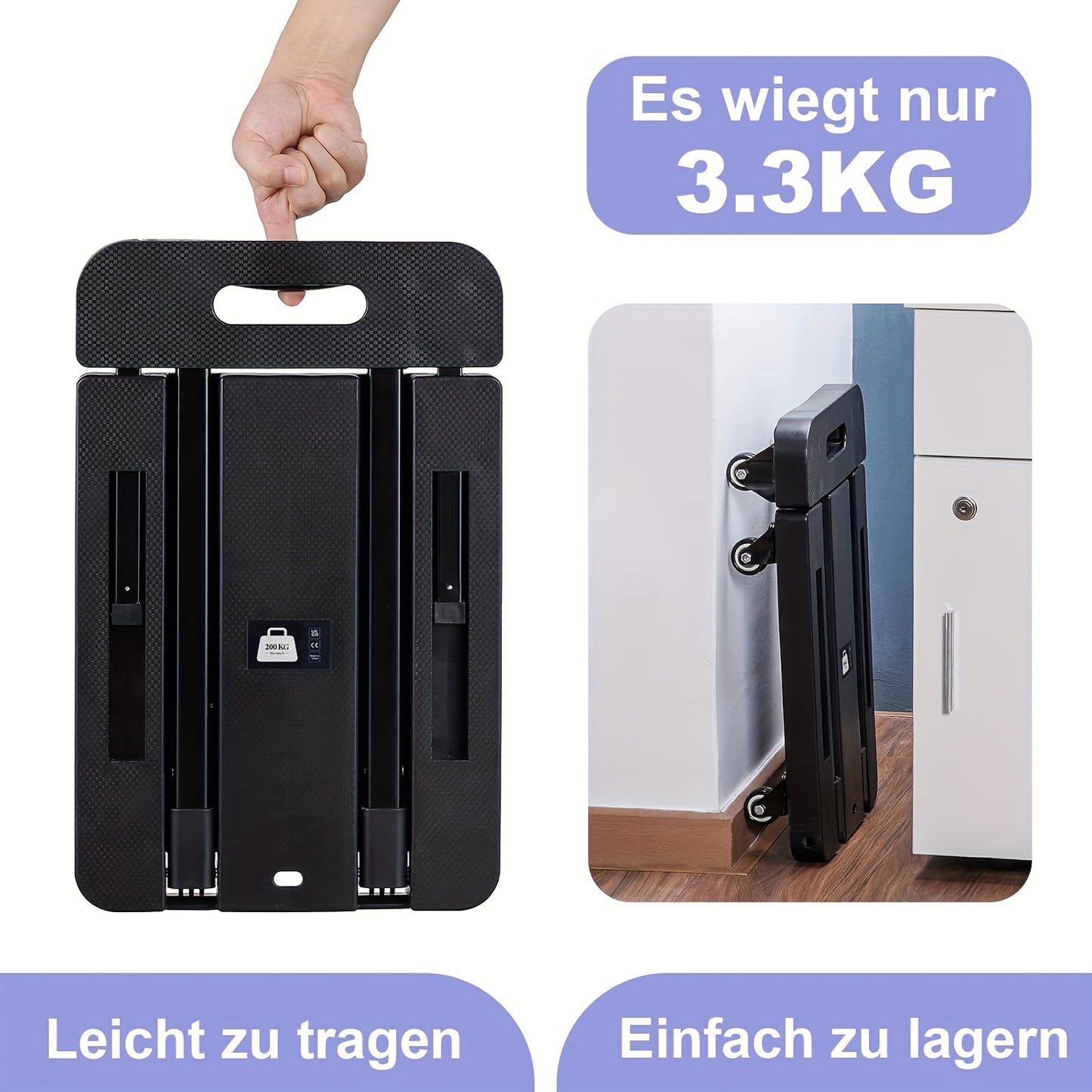 Chariot pliable avec 2 cordes élastiques, 6 roues, capacité 200 kg, pour bagages, voyages, courses, déménagement et bureau