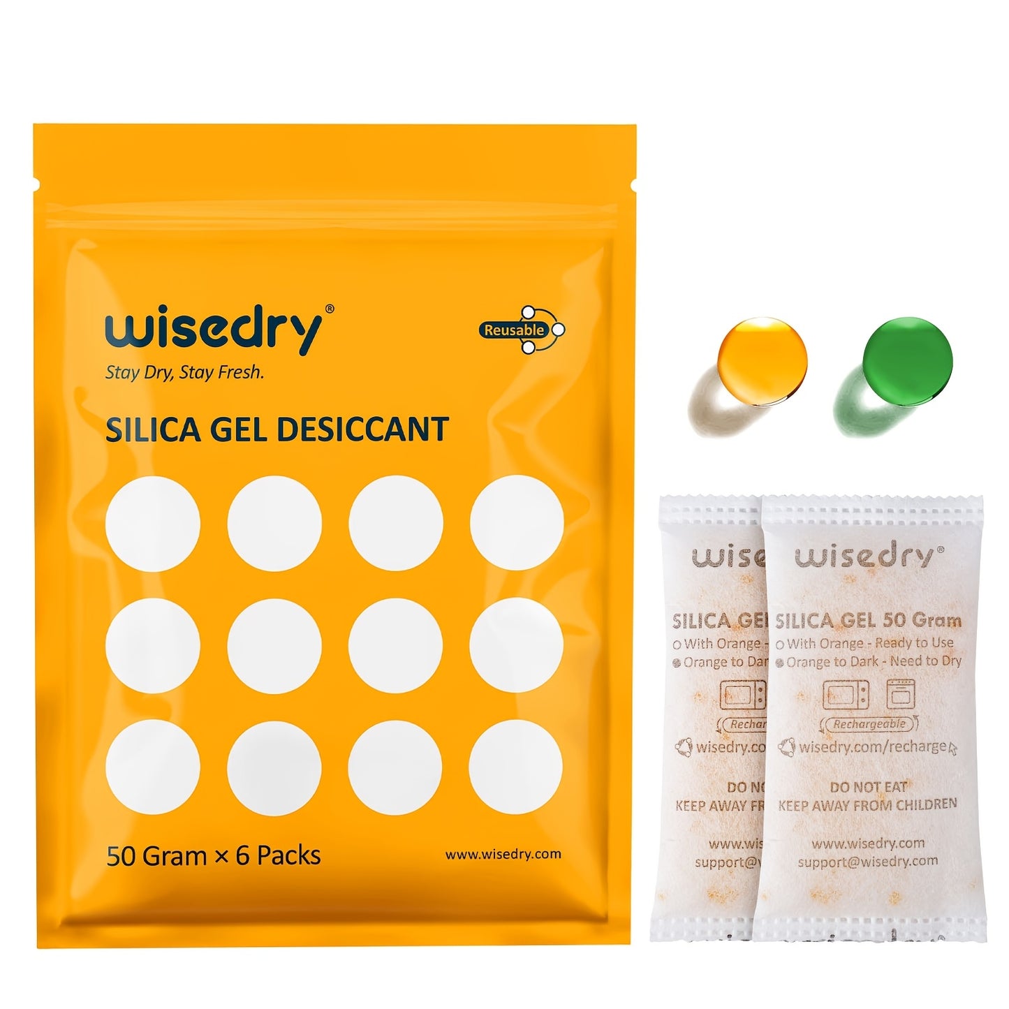 Lot de sachets déshydratants réutilisables Wisedry 5g 10g 50g, emballés individuellement, double couche scellée