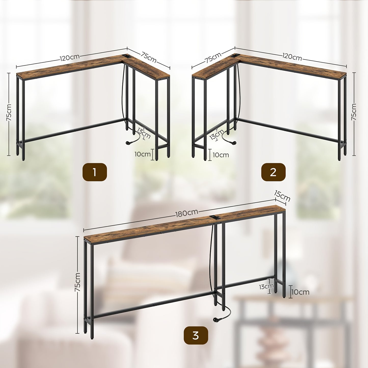 Table console étroite, table d'entrée étroite de 180 cm - Table de couloir en L, avec 3 modes de combinaison, 15 cm de large, équipée de 1 prise électrique et 2 ports USB, convient pour salons, couloirs, derrière les canapés, marron vintage