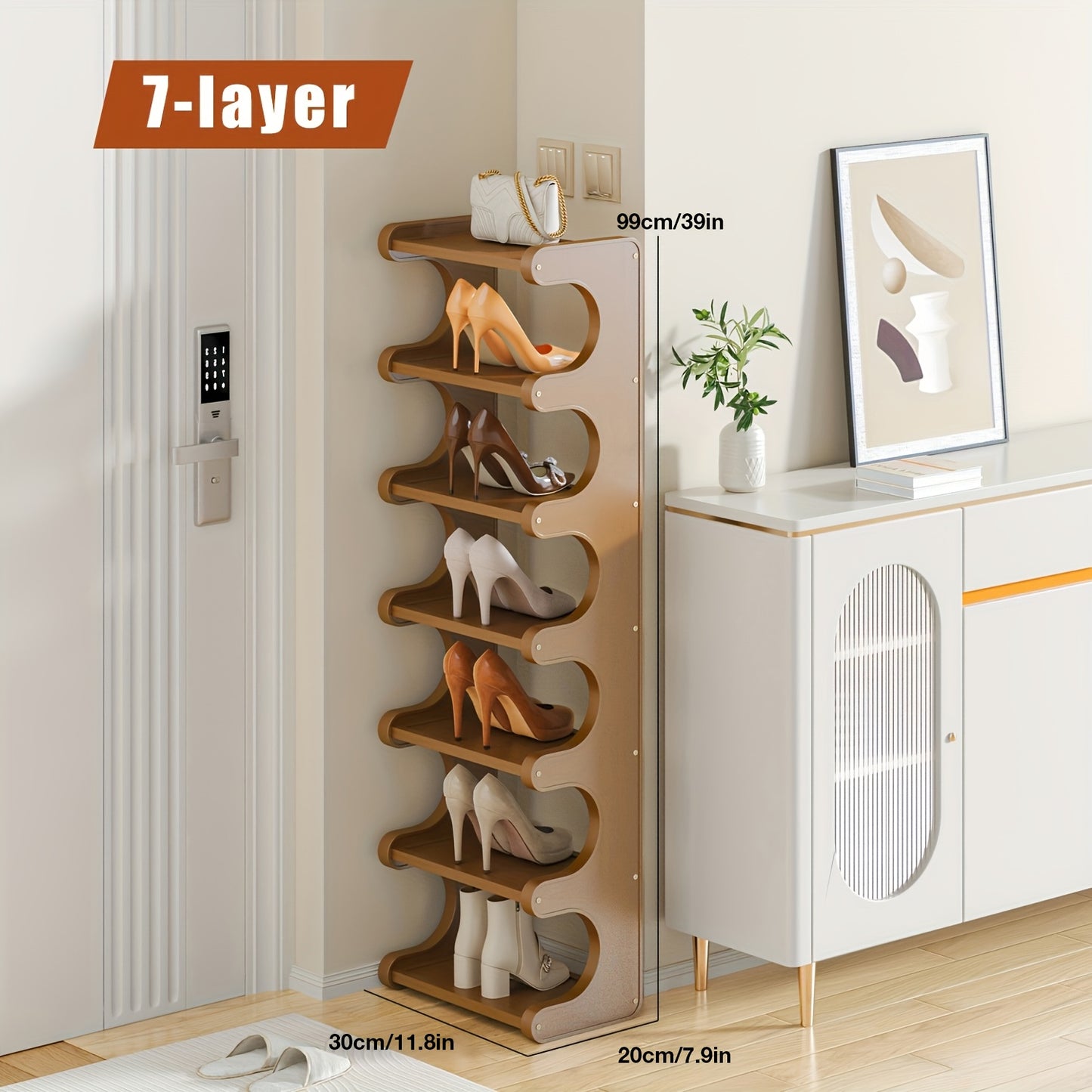 Un meuble à chaussures compact à 7 niveaux conçu pour les espaces d'angle dans les maisons, les résidences étudiantes ou les locations, maximisant l'efficacité du stockage. Ces armoires à chaussures s'intègrent bien dans divers types de pièces.