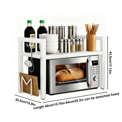 Étagère micro-ondes extensible 2/3 niveaux avec 2 crochets, un porte-planche à découper et 3 serviettes. Largeur réglable de 40 cm à 64 cm, hauteur ajustable. Idéale pour cuisines, bureaux et espaces de travail (noir, blanc)