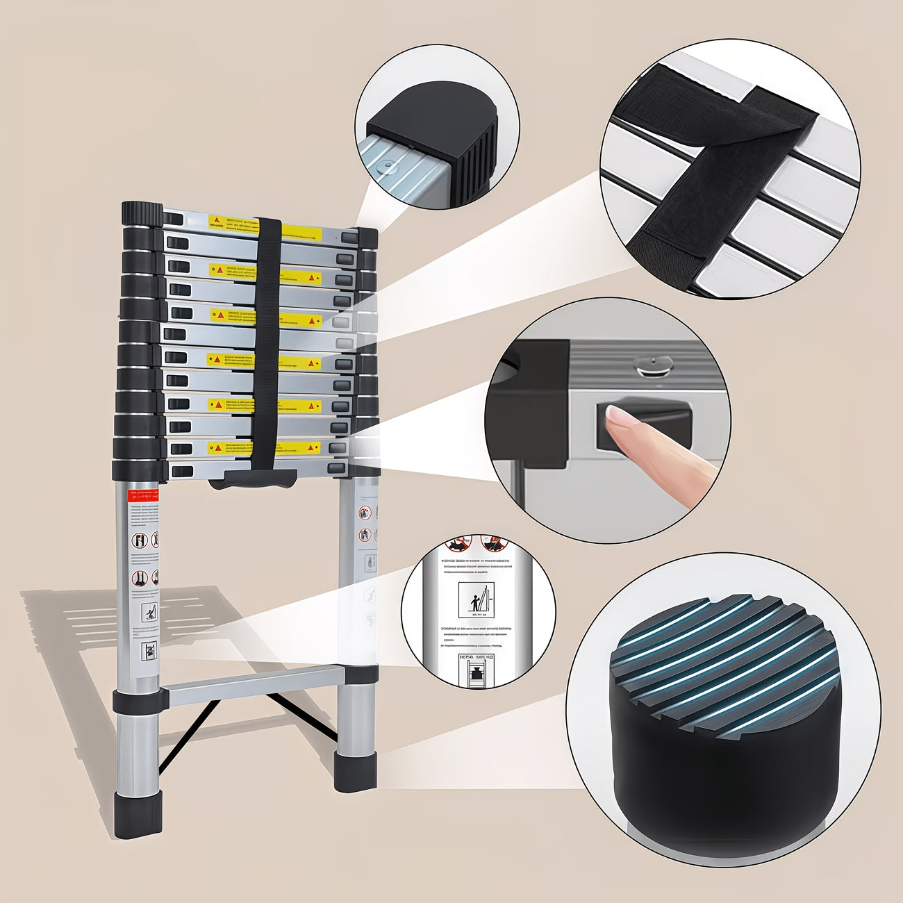 Échelle pliante télescopique robuste en acier inoxydable - Hauteur réglable (2.4M/3.0M/3.6M/4.2M) avec marches antidérapantes et système de verrouillage, échelle de grenier pliable portable pour usage intérieur/extérieur, capacité de charge de 150Kg, rang