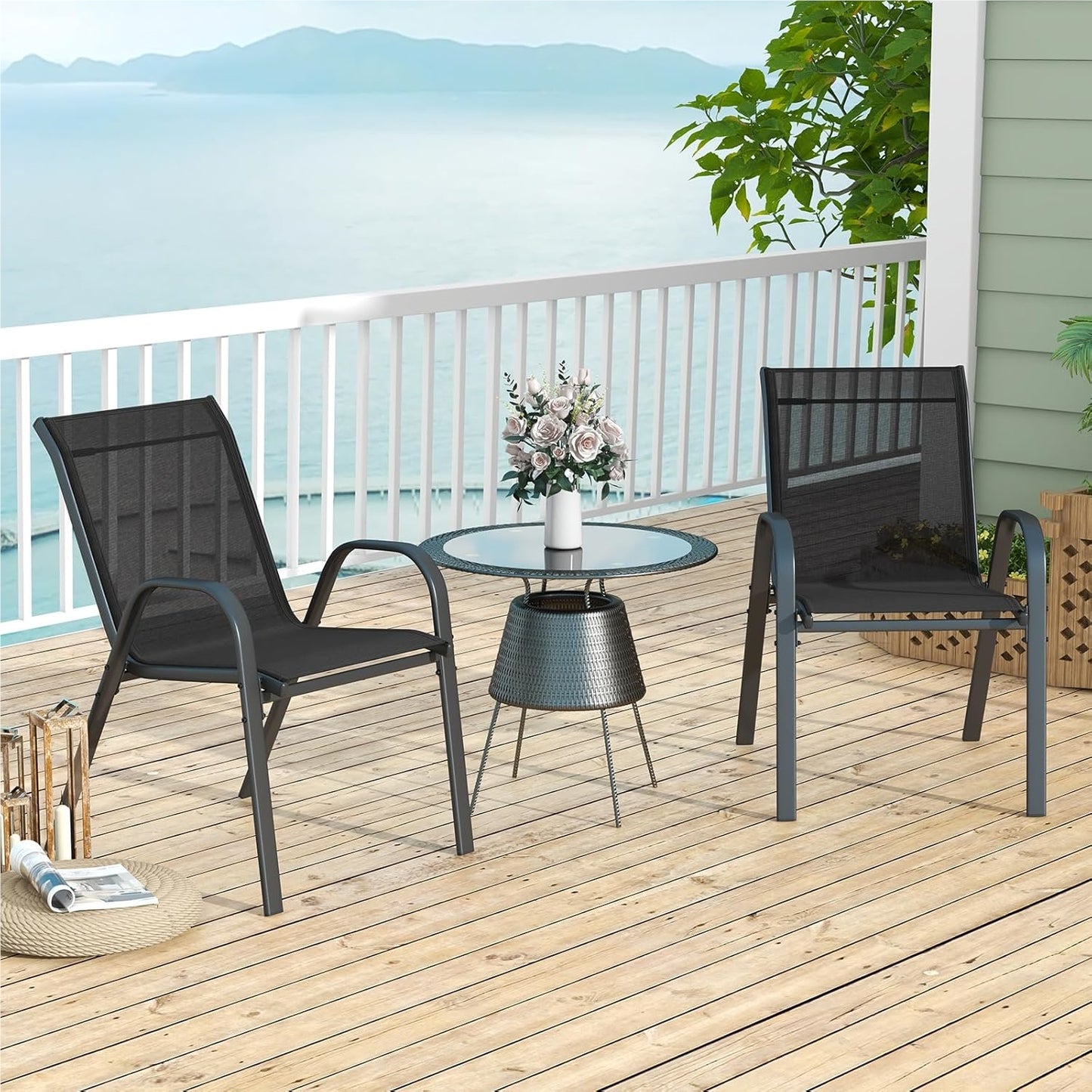 Ensemble de 4 chaises de jardin empilables, chaises de patio en textilène et cadre métallique avec accoudoirs, chaises de balcon avec capacité de charge de 150 kg, 56 x 70 x 84 cm (Noir)
